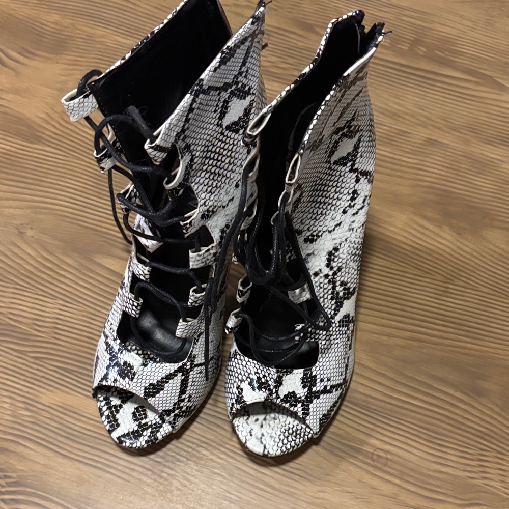 Snakeskin Lace-Up Peep Toe Heels